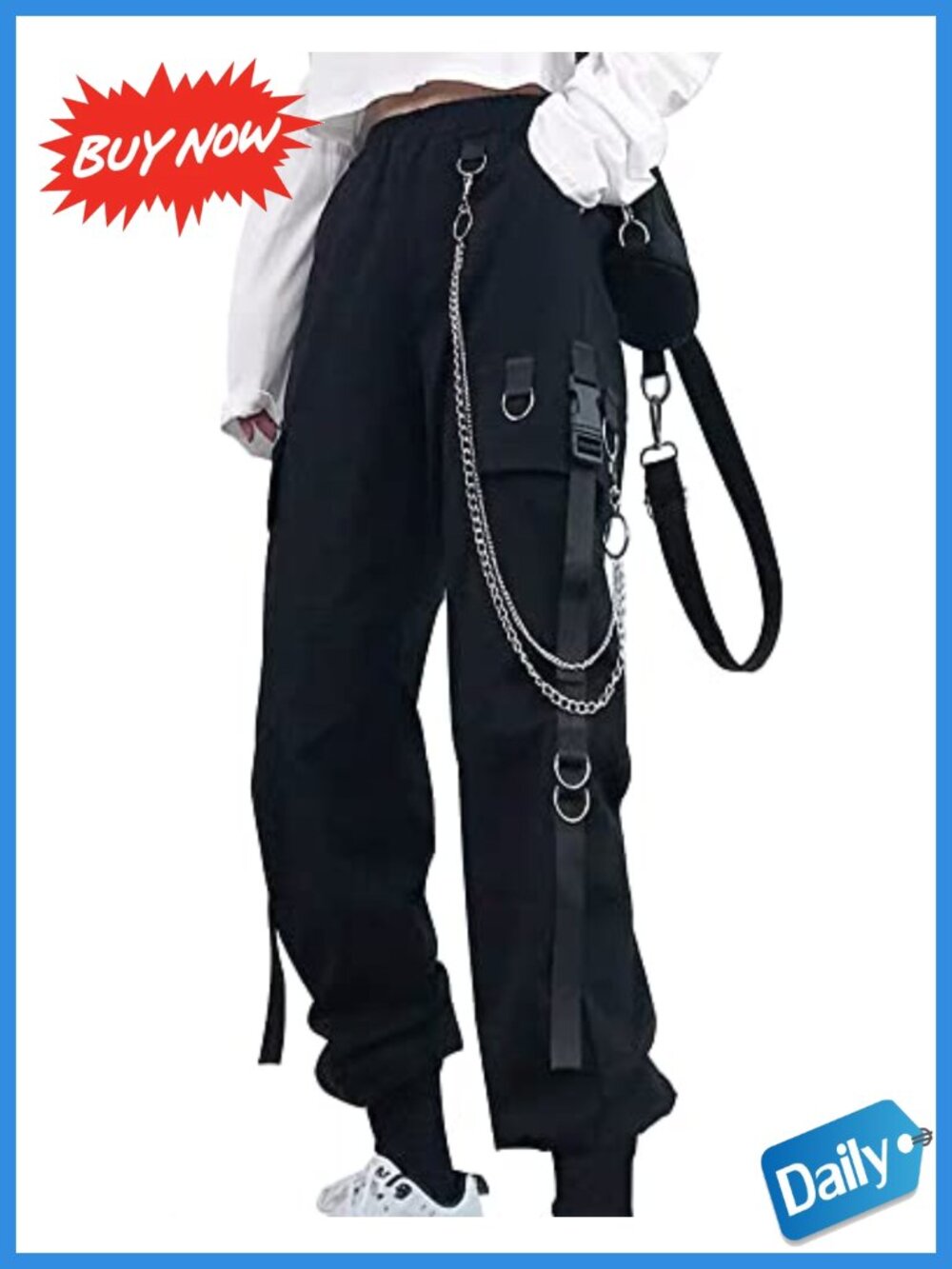 High Waisted Baggy Cargo Pants with Chain Pockets Polyester Blend